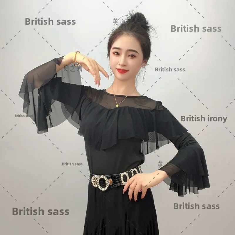 

Осенний новый женский танцевальный костюм Long Sve round Ne, топ для современного танца, эластичная спортивная одежда для выступлений, спортивная одежда