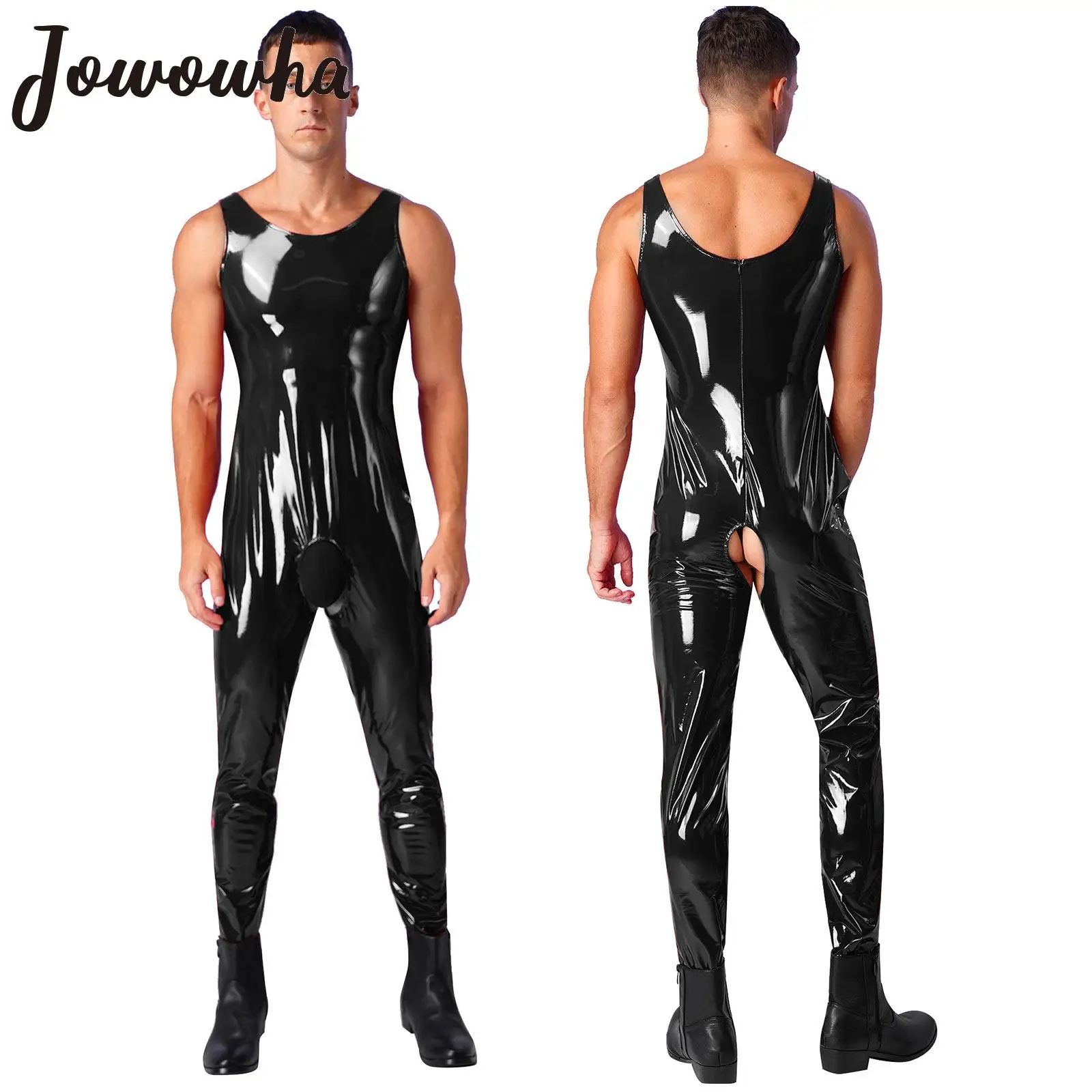 

Mens Glossy Crotchless Bodysuit Wet Look Patent Leather Tights Jumpsuit Sleeveless Catsuit Leotard Lingerie Rave Party Clubwear