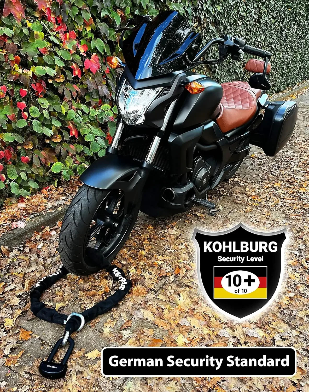 motorcycle security chain lock - 5 ft long with our highest German Security Level 10plus of 10 - heavy duty steel