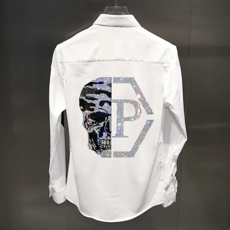 Fashion New Loose Hip-Hop Hot Style Men's Shirt Skull With Diamonds Shiny Personality Casual Bottoming High Quality Long Sleeves