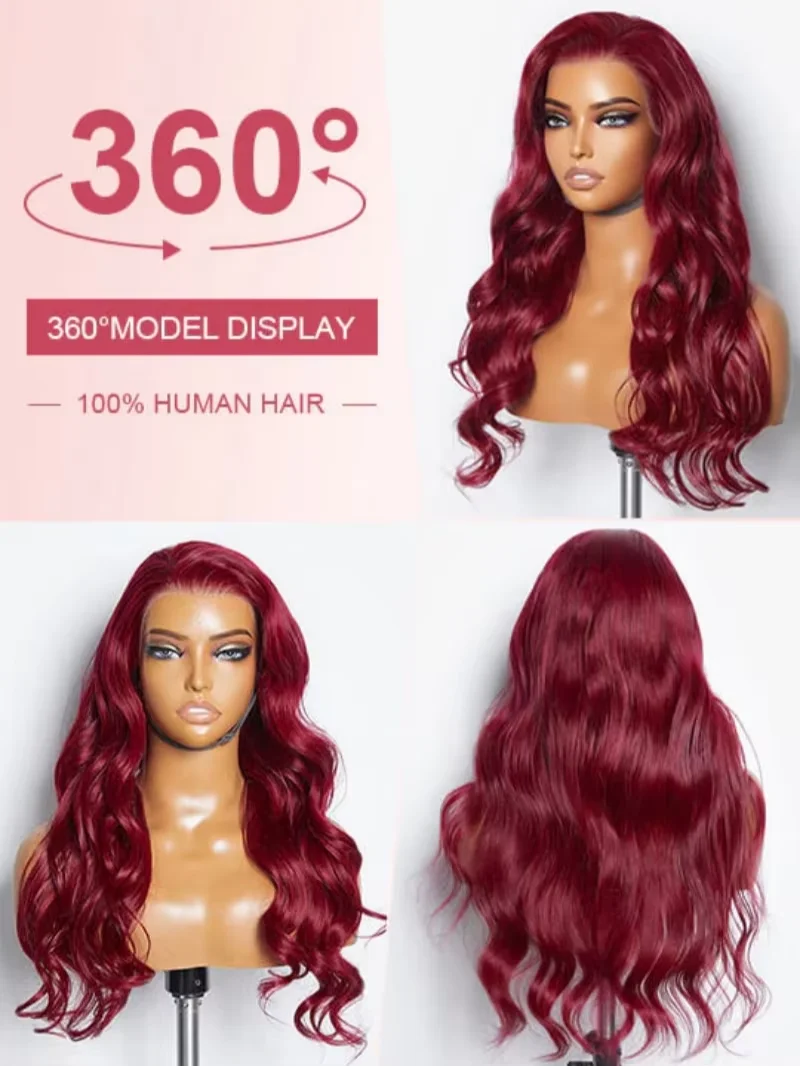 

13x4 Body Wave 99J Burgundy 250 Density Lace Front Wig For Women Red Wine Color 30 Inch Peruvian HD Lace Frontal Human Hair Wigs