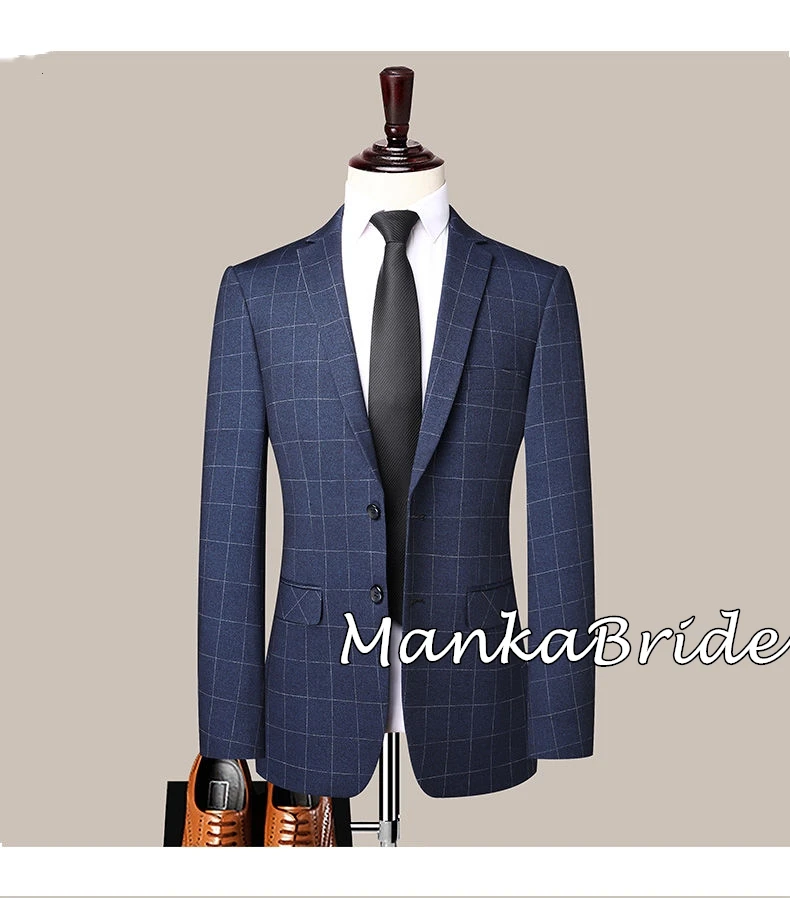 Autumn/Winter Blue Plaid Groom/Groomsmen Suits For Wedding Party 2pcs Blazer Pants Formal Business Office Suit Set for Men