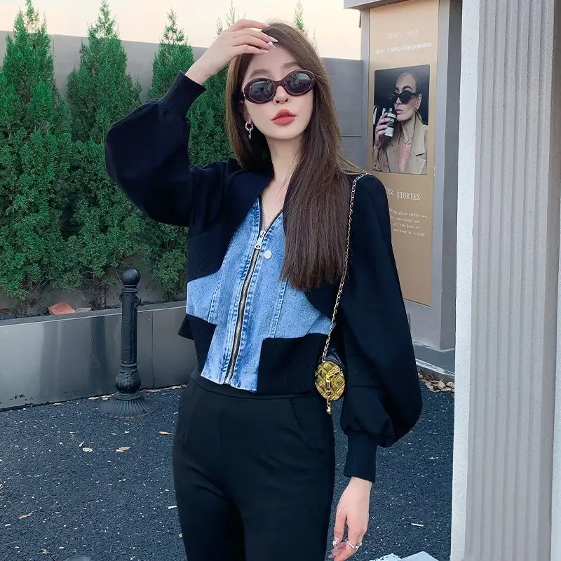 

Джинсовое пальто женское длинное женское осеннее твидовое двубортное лоскутное пальто большого размера школьное плиссированное расклешенное пальто на шнурке с воротником-стойкой