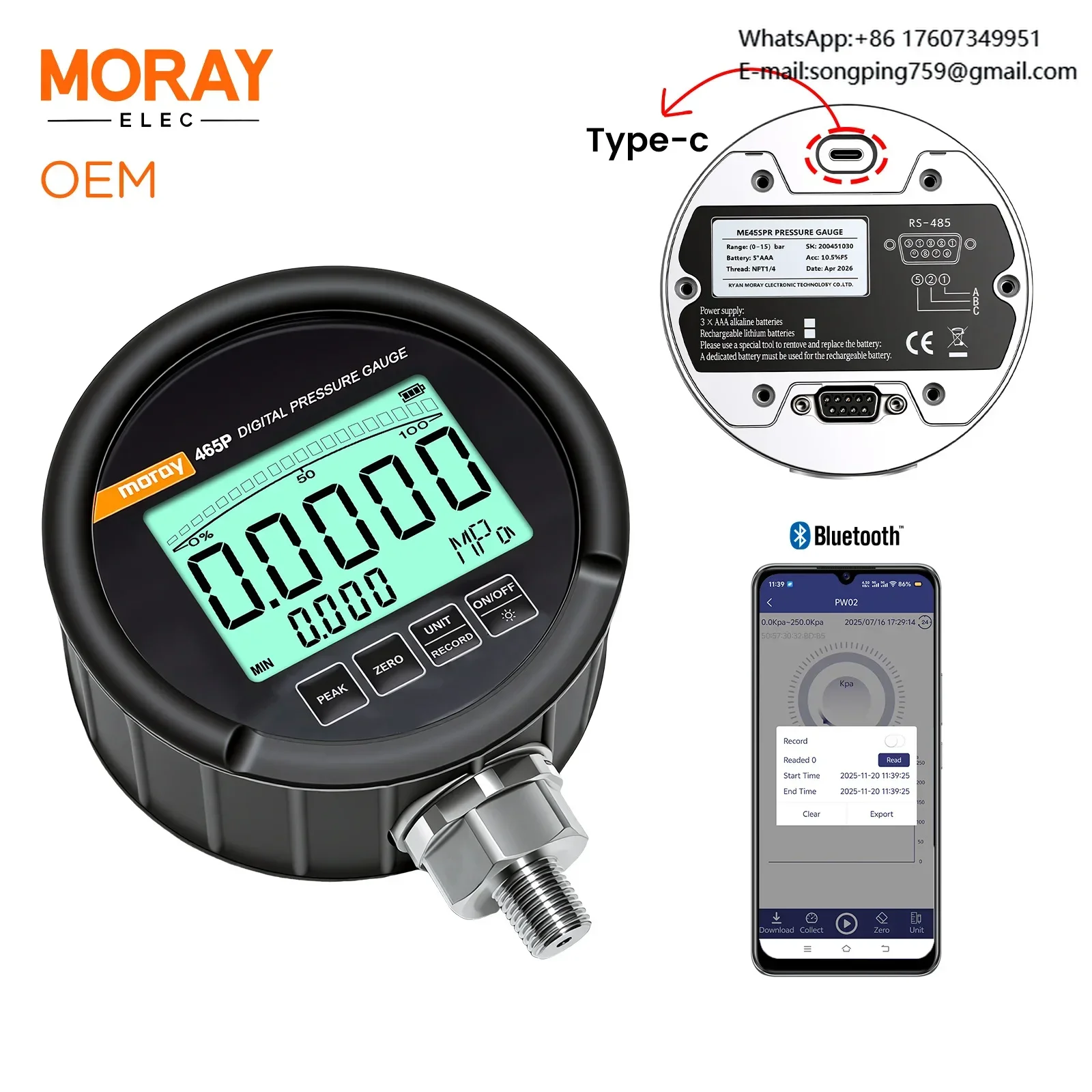 Moray ME465PR OEM OBM 0.05% Accuracy 5-Digit LCD Industrial Grade Rechargeable Stainless Steel Pressure Data Loggers for