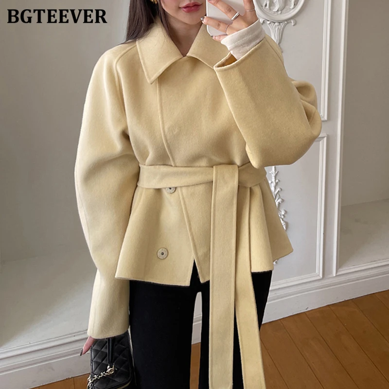 BGTEEVER Elegant Thicken Warm Women Blend Coats Autumn Winter Lapel Belted Female Woolen Jackets