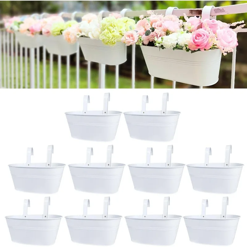 

(10 Pack, 11.2 Inch) White Metal Iron Strawberry Planter Hanging Flower Pots, Deck Railing Fence Bucket Wall Mount Window Box