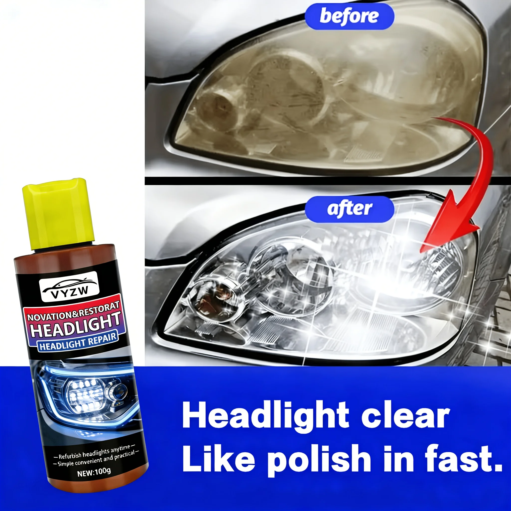 100g Headlight Renewal Fluid - Easy to Use Headlight Polishing Kit, Restore Clarity and Remove Oxidation