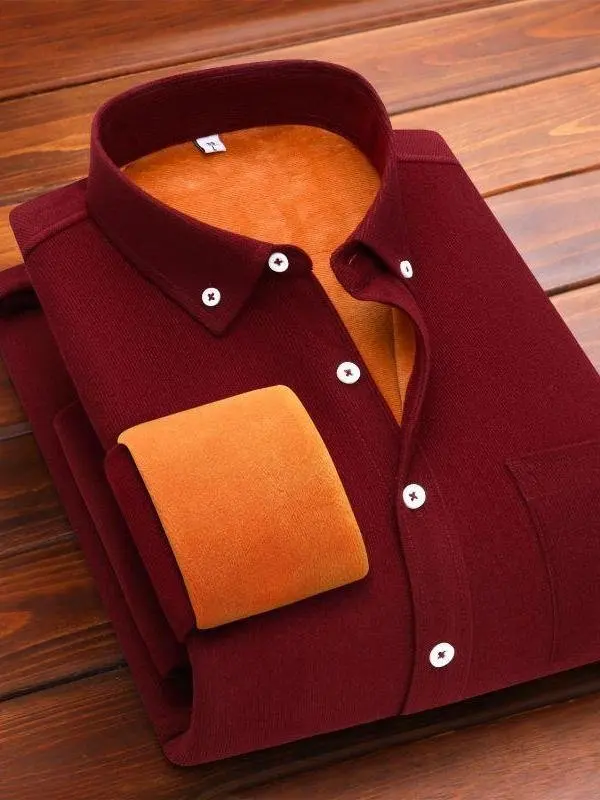 

Мужская зимняя утепленная вельветовая теплая рубашка свободного кроя с длинным рукавом и воротником, однотонная, высококачественная термофутболка