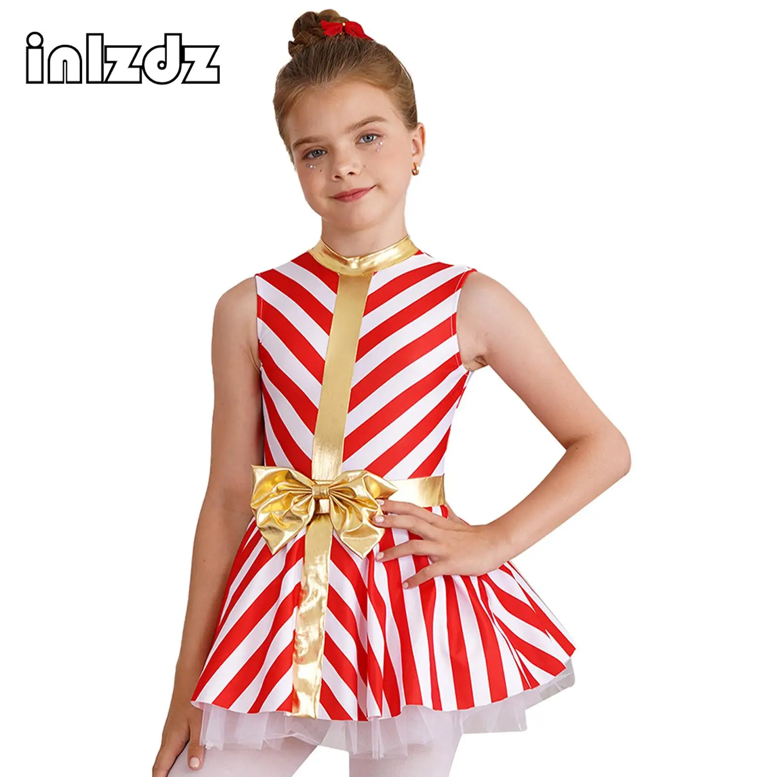 

Kids Girls Christmas Santa Candy Cane Costume Ballet Dance Dress Bow Sleeveless Stripes Print Tutu Party Dress Leotard Dancewear