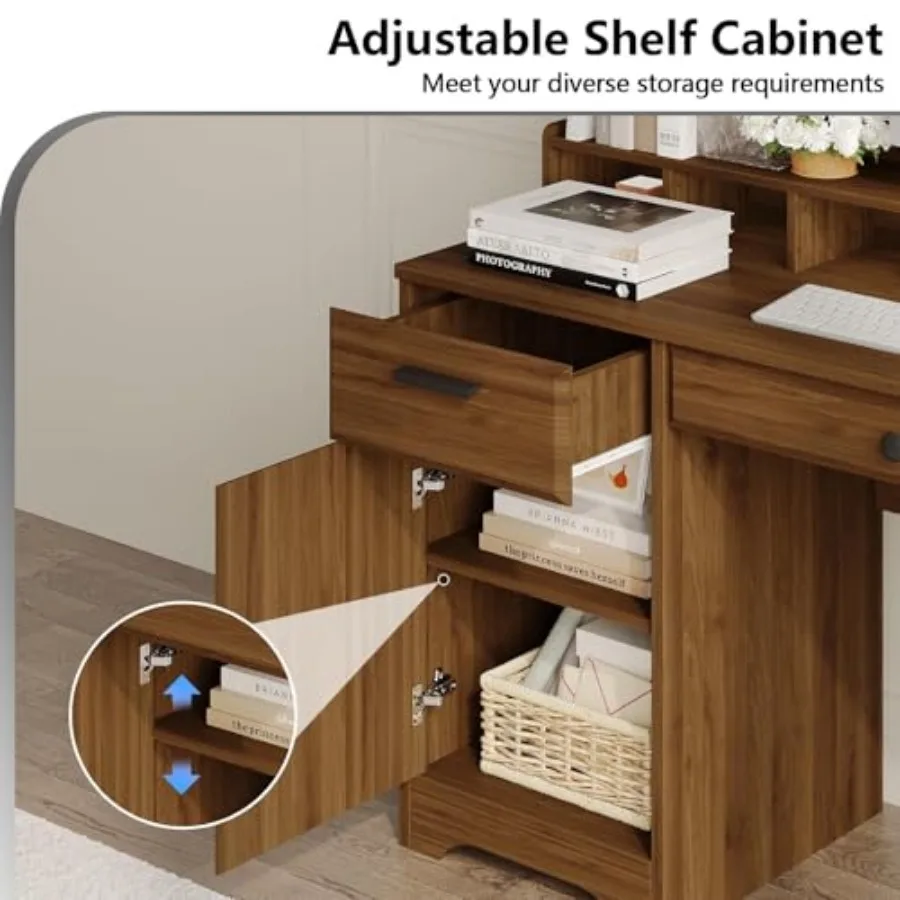 58 Inch Executive Desk with File Drawers and Built-in Storage Cabinet for Home Office Use Rustic Brown Computer Desk with Ample