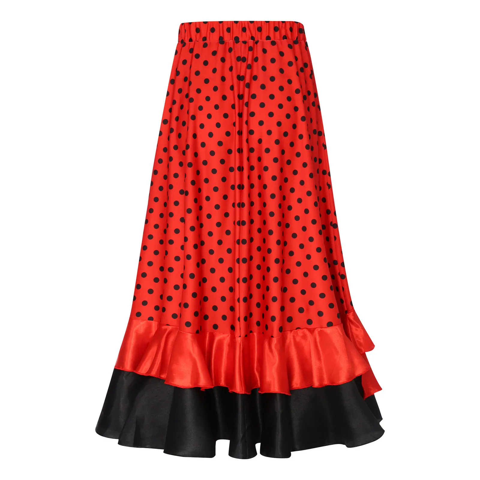 Gonna da ballo di flamenco spagnolo per ragazze Gonne lunghe con volant in raso a pois Classico Flamengo Gypsy Dancewear Costume da spettacolo teatrale