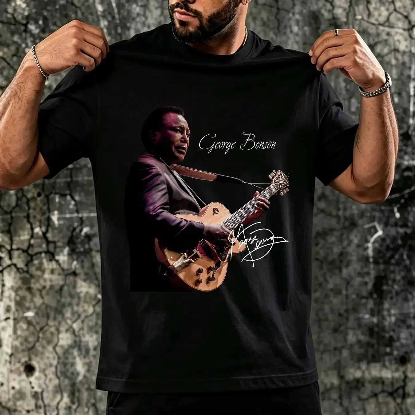 washed T Shirt Guitarist Signature George Benson  Black S 5XL PE323 long sleeves vintage Washed Stylish Comfortable Versatile