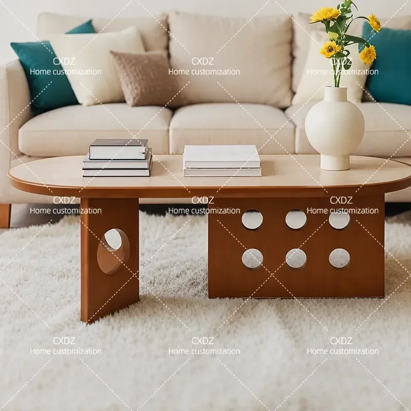Retro Solid Wood Coffee Table with Natural Stone Slab Top Simple Light Luxury Creative Side Table for Living Room Small