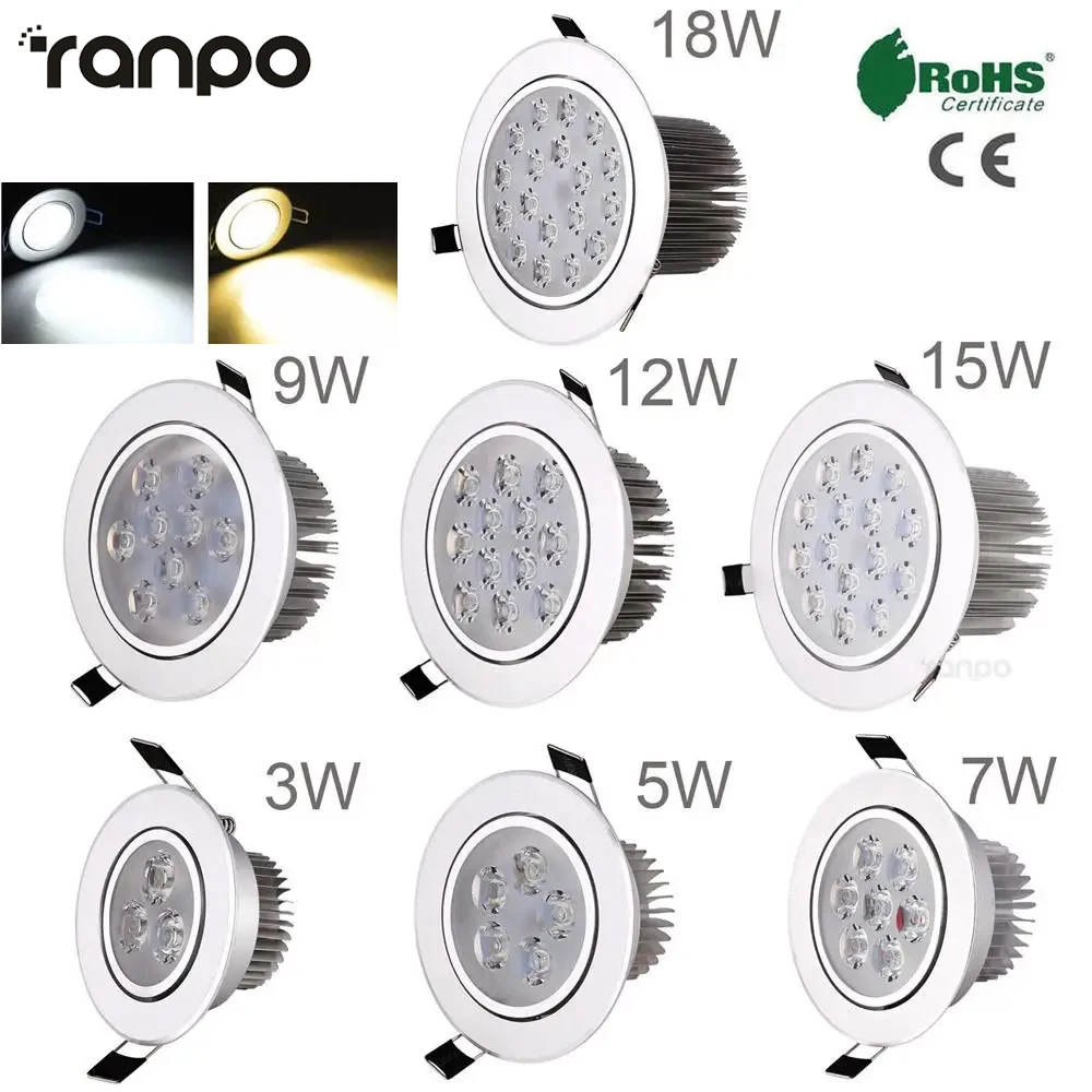 Ściemnialna lampa lampa świecąca W dół wpuszczone W sufit LED 18W 15W 3W 5W 220V 110V z dekoltem wnętrza oświetlenie punktowe domu