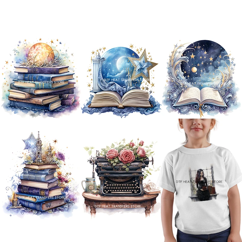 Watercolor Gothic Magic Book Girl Pattern Heat-sensitive Patches Application Stripes on Kids Clothes ironing Printing