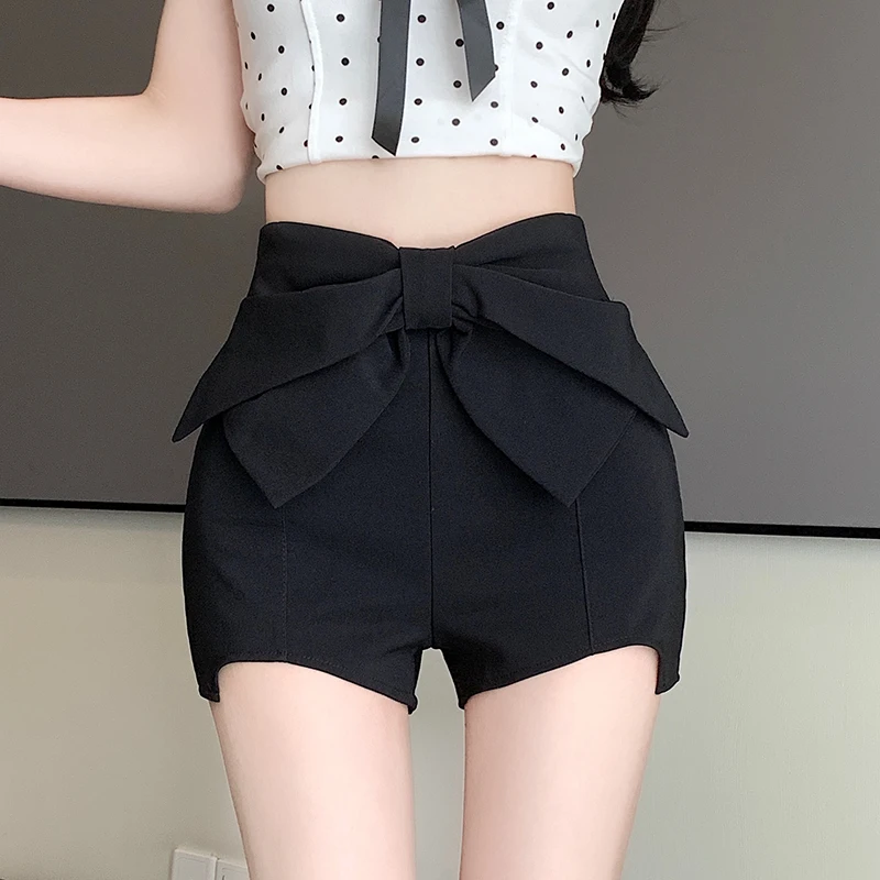 

Summer thin and sexy spicy girl bow, high waist, slimming effect, elastic hip wrap pants, irregular shorts for women