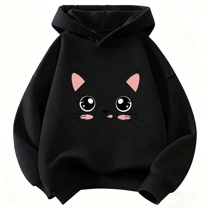 Lovely Pink Cheek Kitty Graphic Print, Children Hoodie Kids Pullover Sweatshirt Girls Casual Long Sleeve Cartoon Top