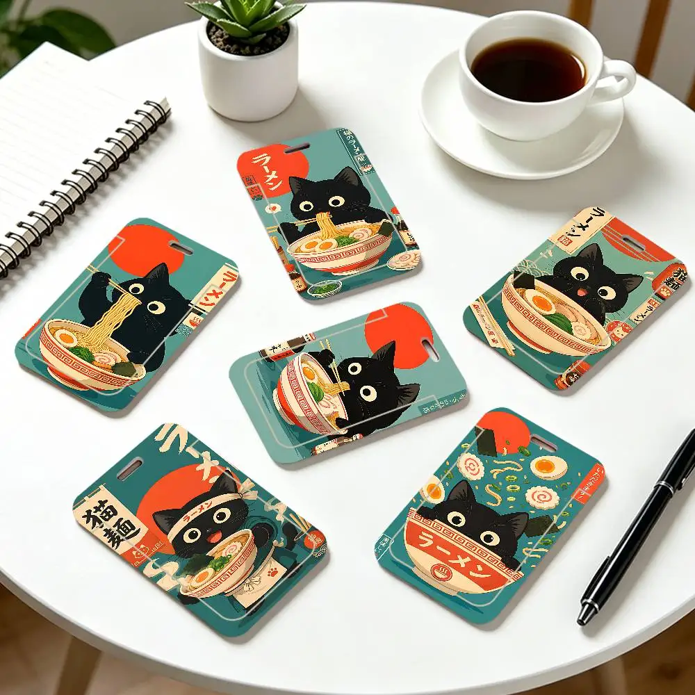 Black Cat Ramen Acrylic ID Badge Holder Neck Strap Pendant Door Card Holders Lanyards Credential Holder, Durable PVC Material