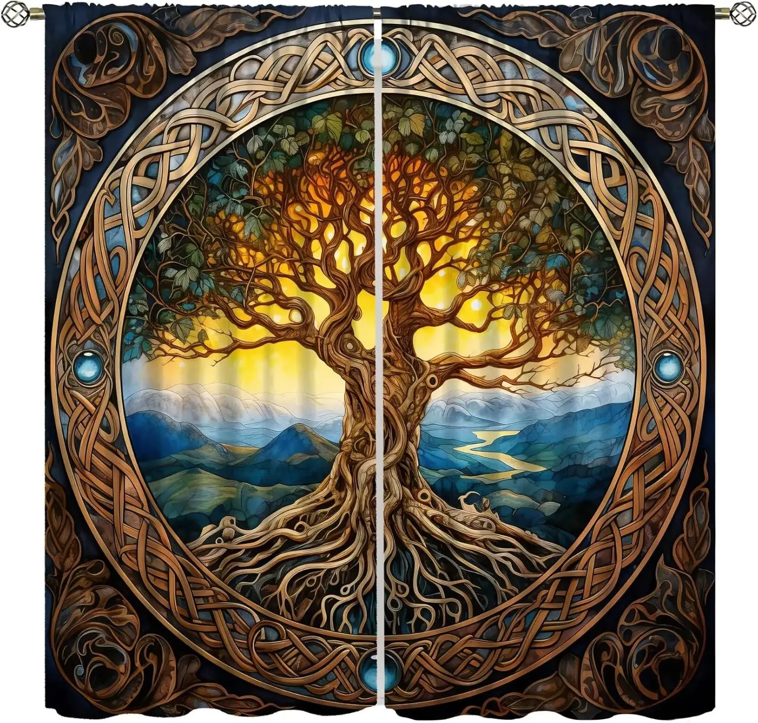 Tree of Life Curtains, Vintage Mystery Primitive Forest Totem Viking Style Large Tree Plant Decor Windows Treatments, Thermal