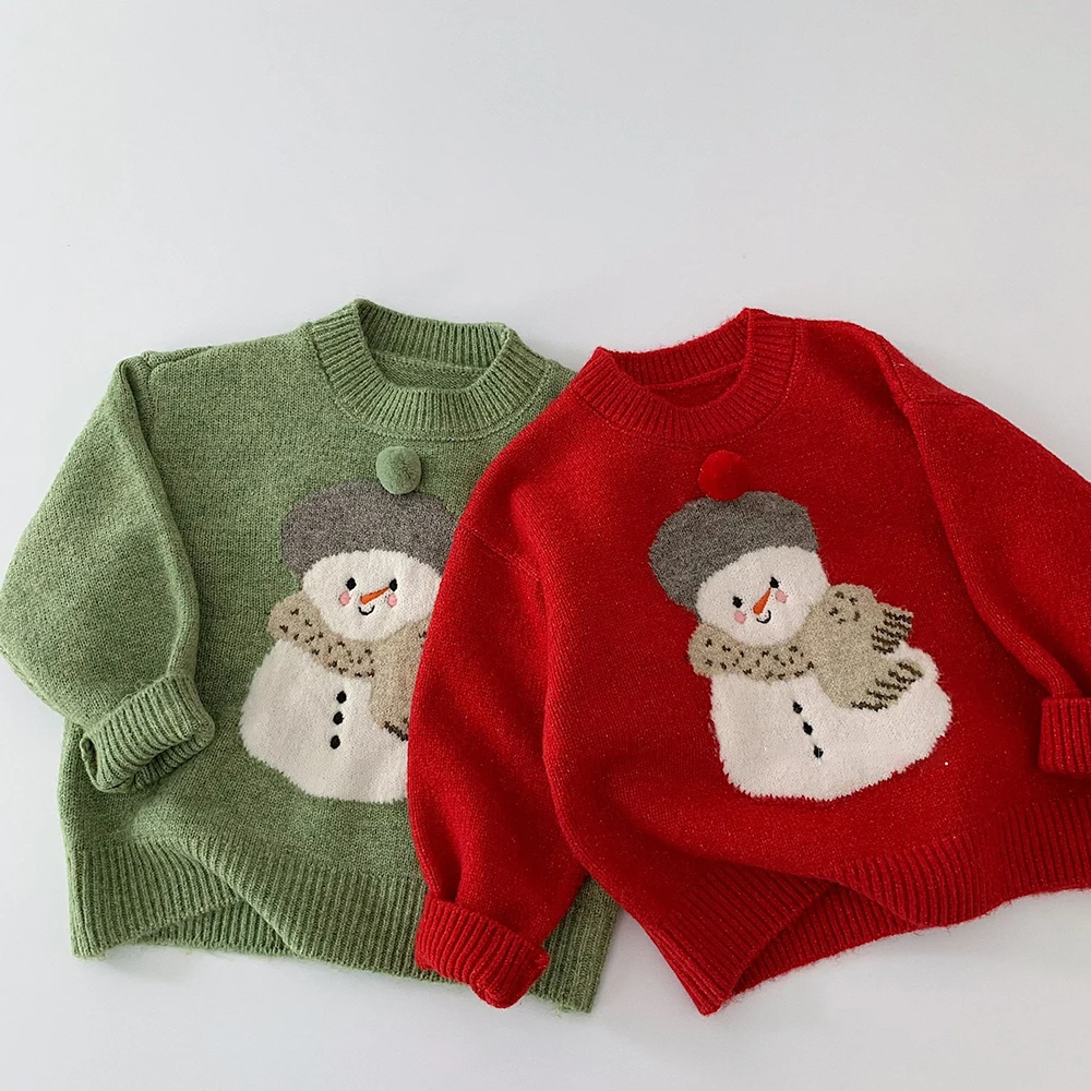 Kids Christmas Sweater Red Green Snowman Pattern Knitted Pullover Tops for Girls Boys Autumn Winter Children Clothes Sweaters