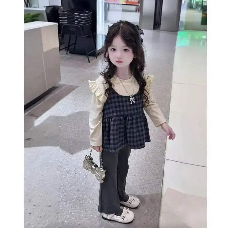 Girls' Autumn Camisole Set, New Korean Style Plaid Fall Outfit, Three-Piece Children's Fashionable Base Layer Set