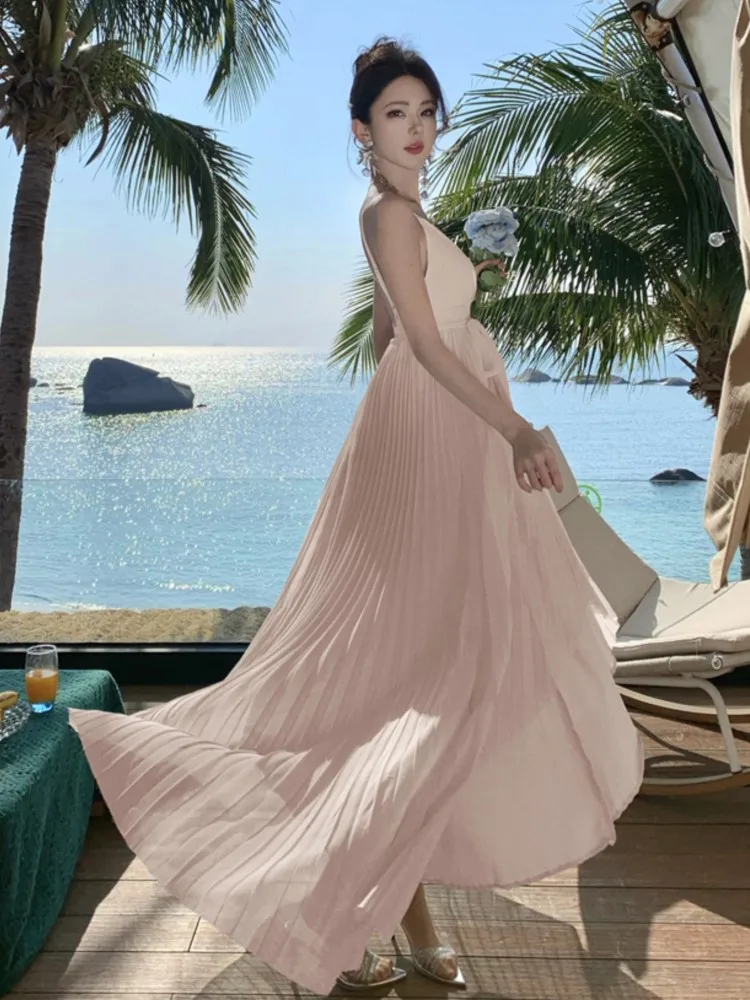 مثير أنيق مطوي فستان طويل للنساء الصيف الخامس الرقبة عارية الذراعين عطلة الشاطئ الدانتيل متابعة ألف خط فساتين الإناث Vestidos 2025 جديد