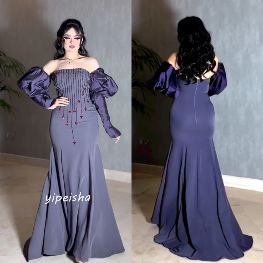 Robe de Soirée Longue en Forme de Sirène, Vêtement à Épaules Dénudées, en Jersey, à Paillettes et Fleurs, sur Mesure, Arabie Saoudite, pour Occasions