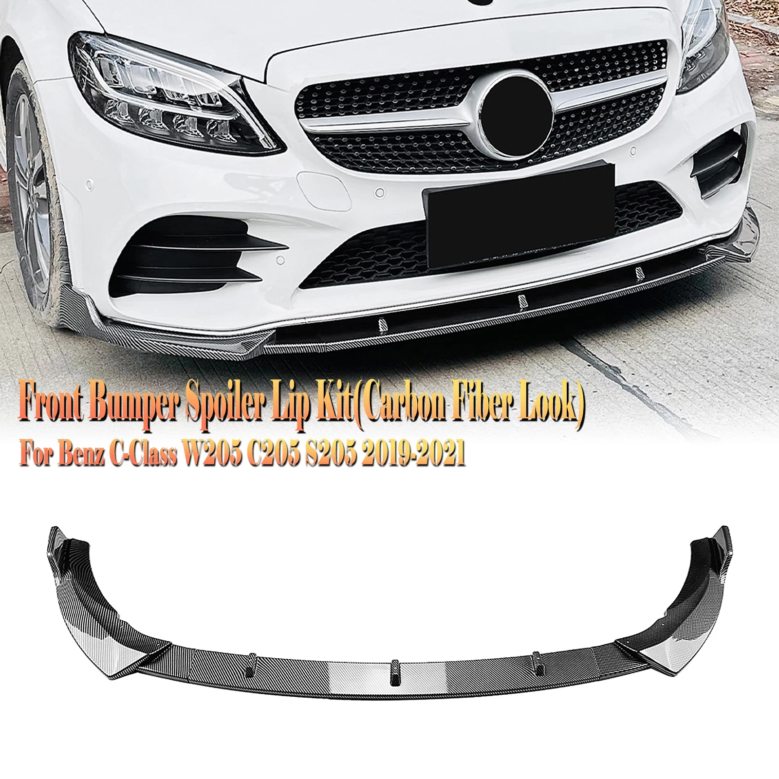 

For Mercedes-Benz C Class W205 C205 S205 2019-2021 Sport AMG Line Carbon Fiber Look/Gloss Black Front Bumper Spoiler Lip Cover