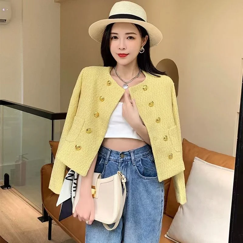 Double breasted Woolen Coat for Women\'s Autumn and Winter New Slim Fit Fashion Short Knit Thick Tweed Suit Jacket Blazer Yellow