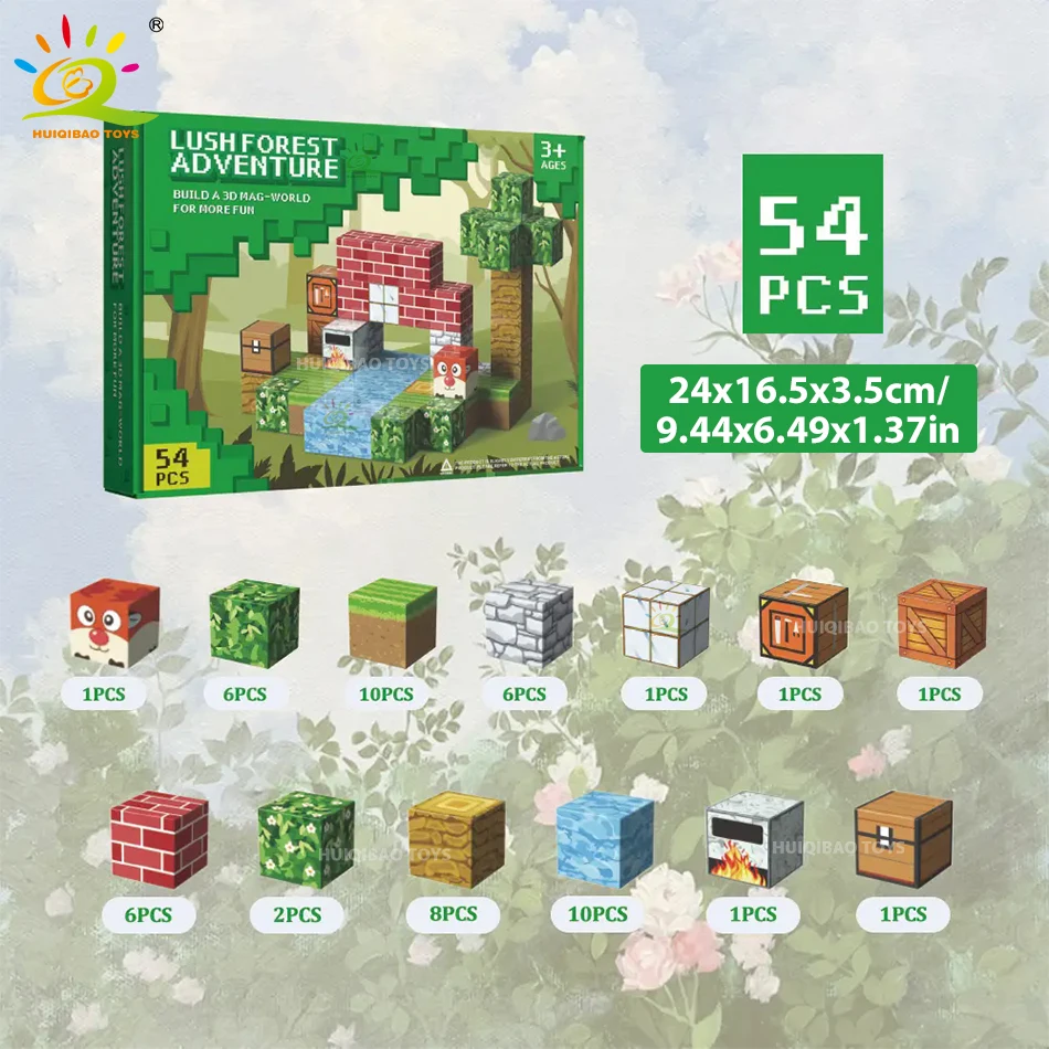 3D Square Jungle Adventure Blocos Magnéticos, DIY Puzzle, Mine World Cube, Magnet World Set, Brinquedo Sensorial Educacional para Crianças, Presente