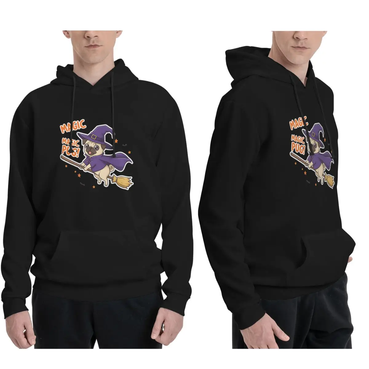 Magic Pug Cute Witch Dog Flying On Broom Halloween Art Hoodies Casual Pullover Sweatshirt Long Sleeve Clothing Autumn Winter