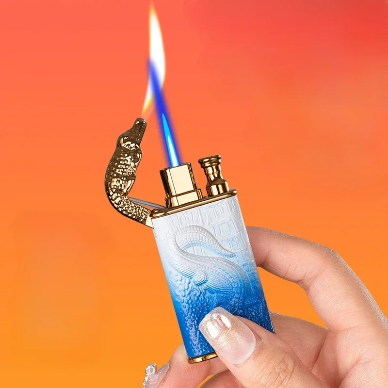 New Cool Double Flame Lighter Windproof Metal Cigarette Torch Lighter Butane Gas Jet Lighters Crocodile Dragon Men Smoking Gift