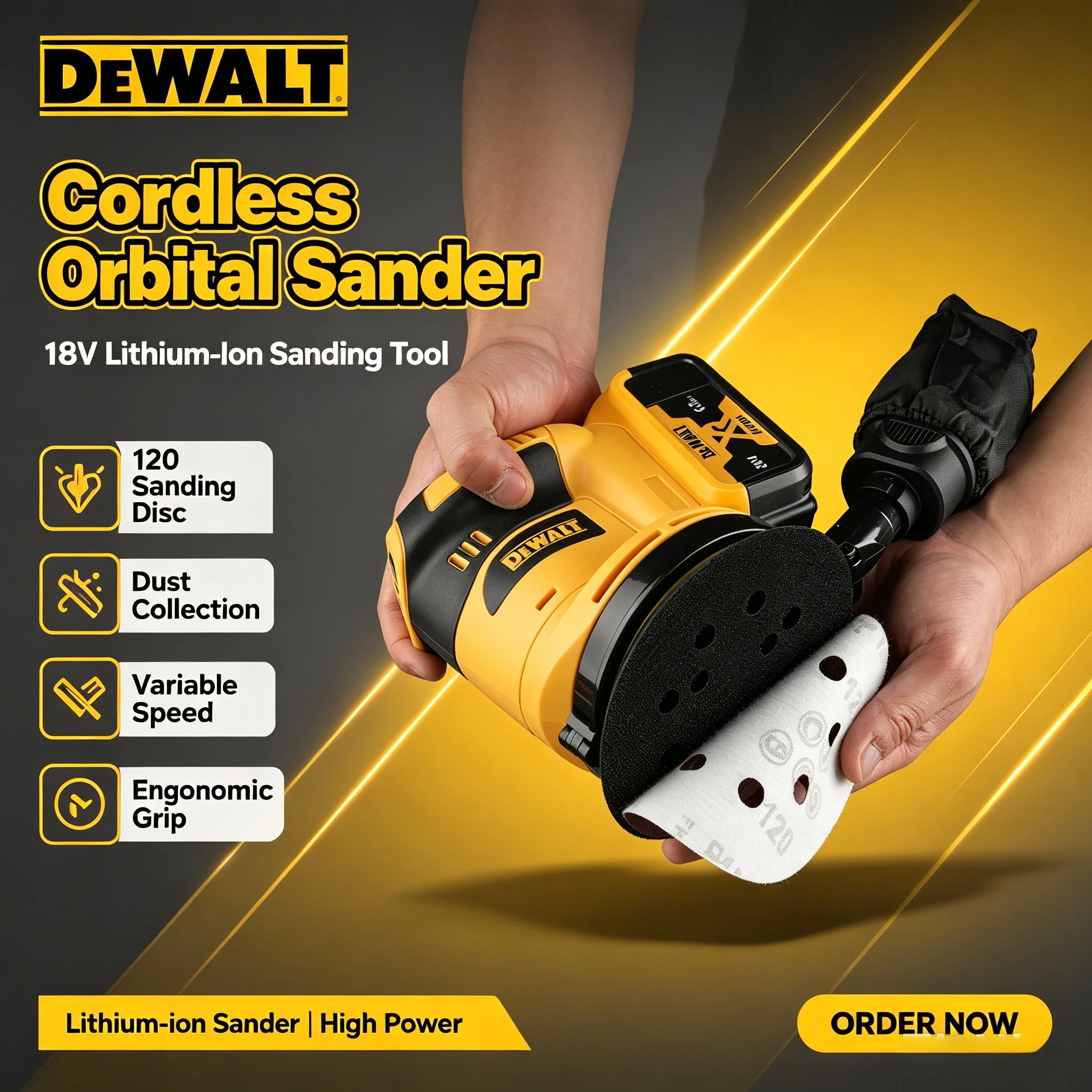 DEWALT 18V-20V Orbital Sander Speed Dust Collection for Heavy-Duty Wood Polishing in Construction & Workshop Tool