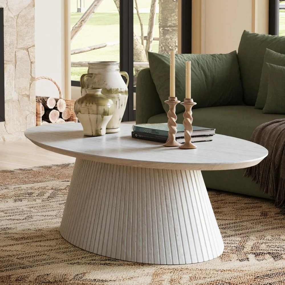 

Oval Coffee Table, Modern Stone Coffee Table with Fluted Design, Travertine Tea Table with Tapered Base, Minimalist Center Tabl