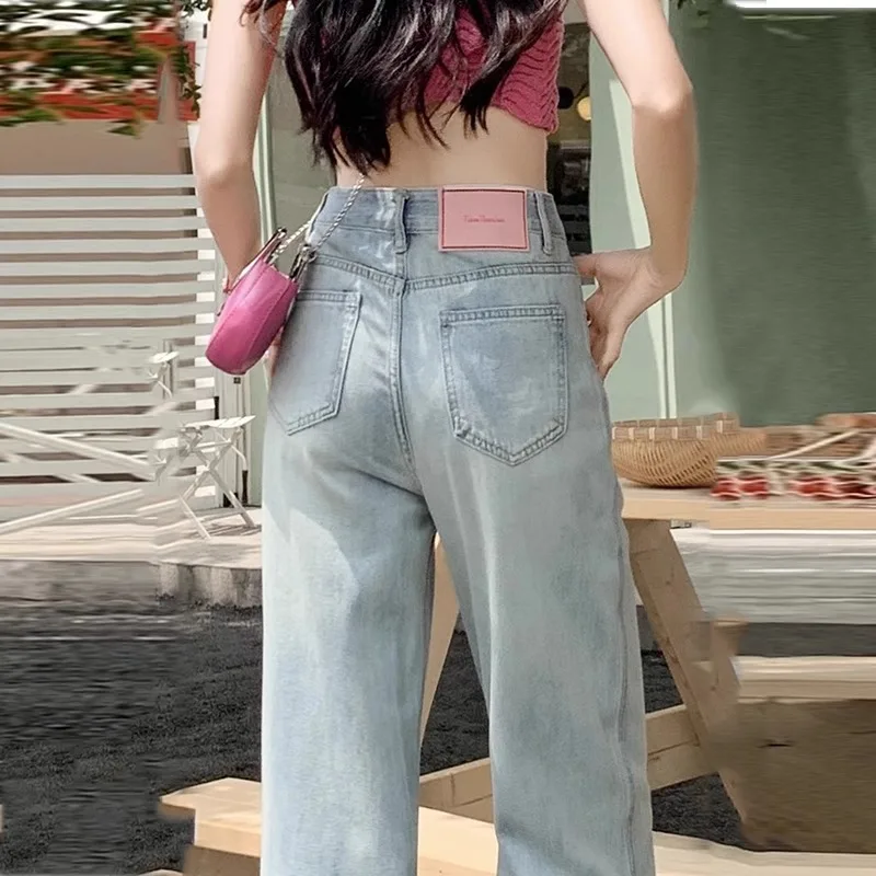 

Light Blue High Waist Wide Leg Jeans Women's Loose Fit Straight Cut Trousers Spring Summer Casual Cotton Denim Skinnifng