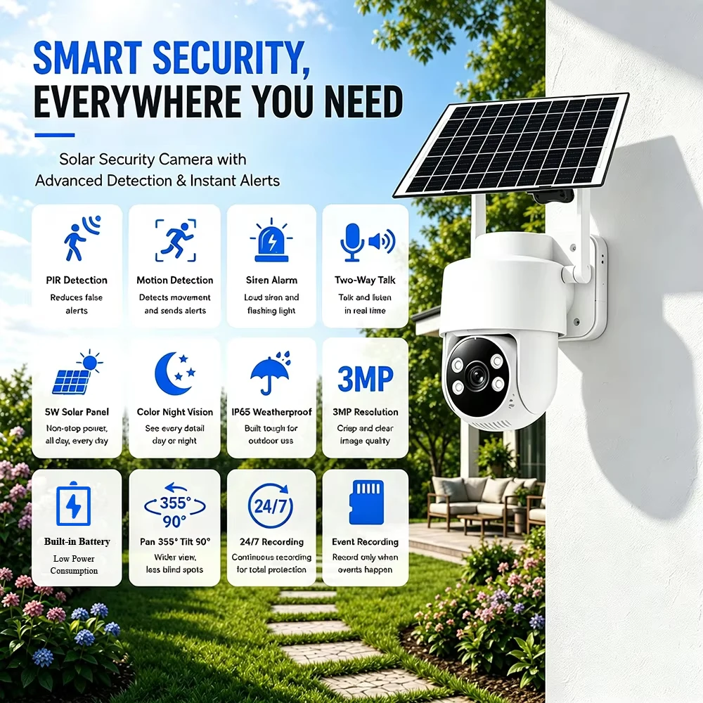 Tuya Solar WiFi Camera 3MP Outdoor Battery IP PTZ Smart Life CCTV Security PIR AI Tracking Night Vision Siren Alarm 24/7 Record