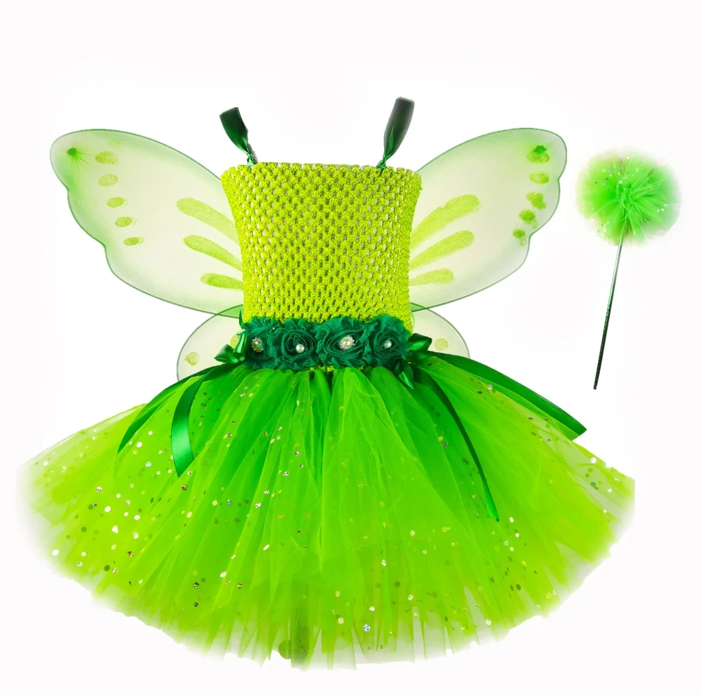 Girls Green Glitter Fairy Dress Kids Butterfly Flower Tutu Dresses with Wing and Stick Hairbow Children Christmas Party Costumes