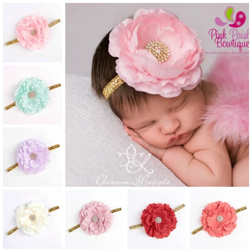 Cute 1PCS Girls Pennoy Flower with Rhinestone Shiney Headband Baby Photo Props Newborn Toddler Infant Headwear Hair Accessories