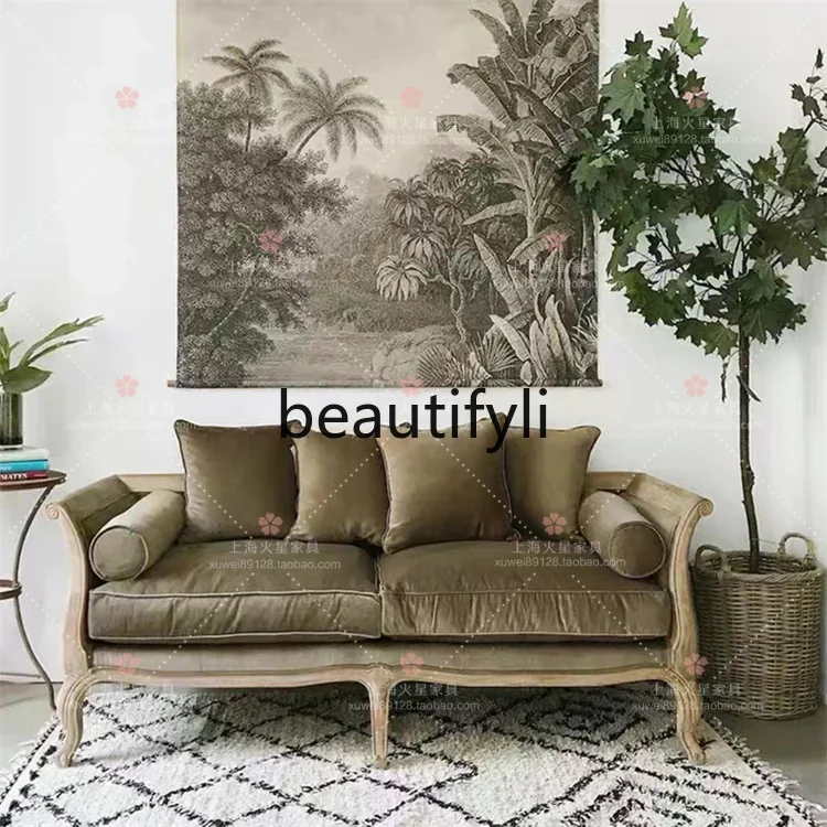 

American rural solid wood velvet living room sofa combination simple fabric sofa double9344