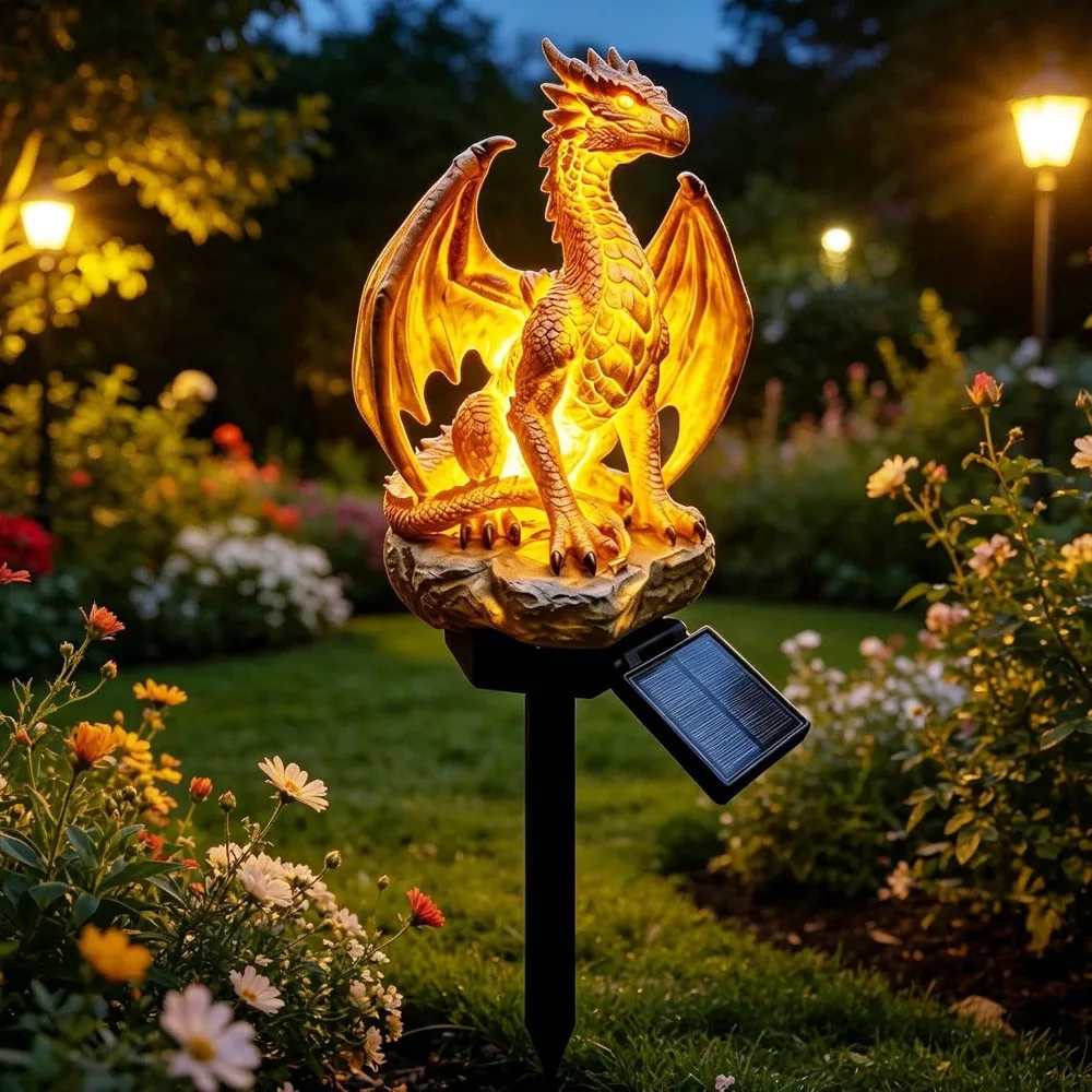 Soft Warm Glow Dragon Solar Garden Light Dragon Statue Gothic Shape Solar Dragon Stake Light Animal Medieval Fantasy