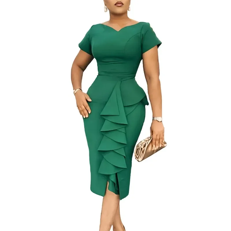 

Elegant Church Dresses for Women Bodycon V Neck Ruffles Short Sleeves Slim Classy Office Ladies Work Wear Modest African Gowns