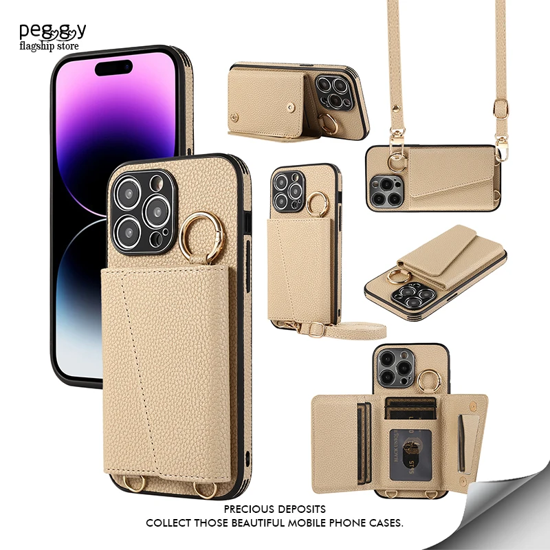 Luxury Leather Card Holder Bracket Ring Phone Case For iPhone 15 14 13 12 11 Pro Max For X XR XSMax Long Rope Satchel Slot Cover