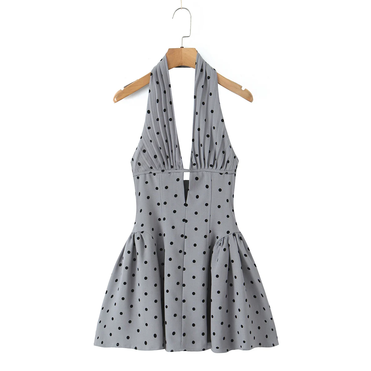 2025 セクシーなグレー植毛ドット V ネックプリーツシャーリングホルタードレス女性背中の開いたスリムローウエストスイング夜会服ショートドレスローブ