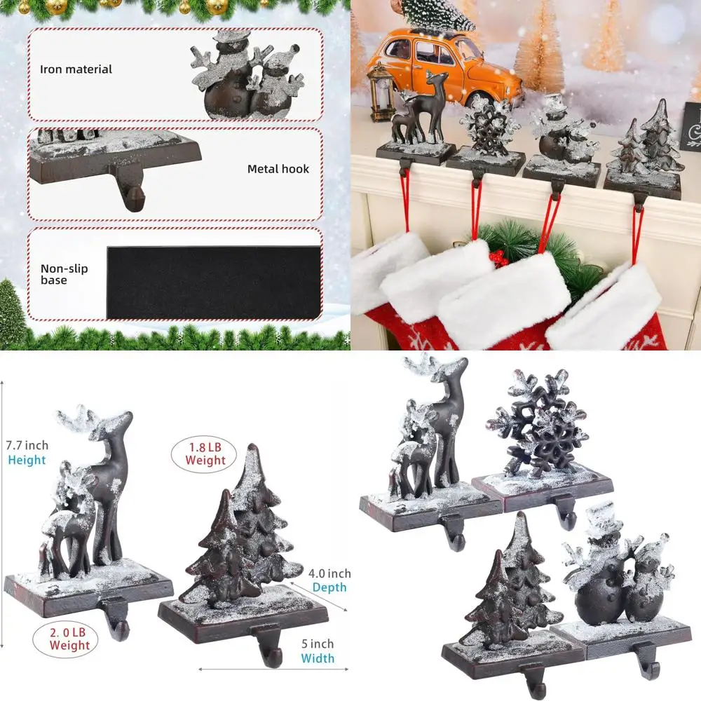 

Набор из 4-х чугунных держателей для рождественских чулок: олень, снеговик, снежинка, рисунки деревьев - утяжеленный для каминной каминки