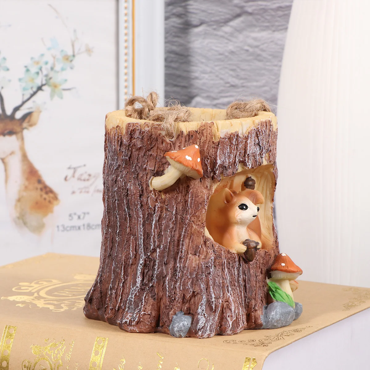 Stump Shape Resin Flowerpot Animal Pattern Durable Resin Ornament Home Office Succulent Plant Container Tool Hanging Strap Basin