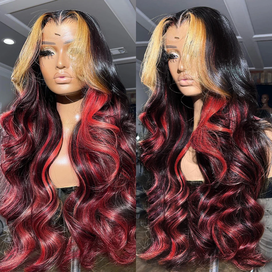

Black Red Blonde Burgundy Highlight Wig Body Wave 5x5 Glueless Wig Ready To Wear For Women Red Colored Closure Human Hair Women