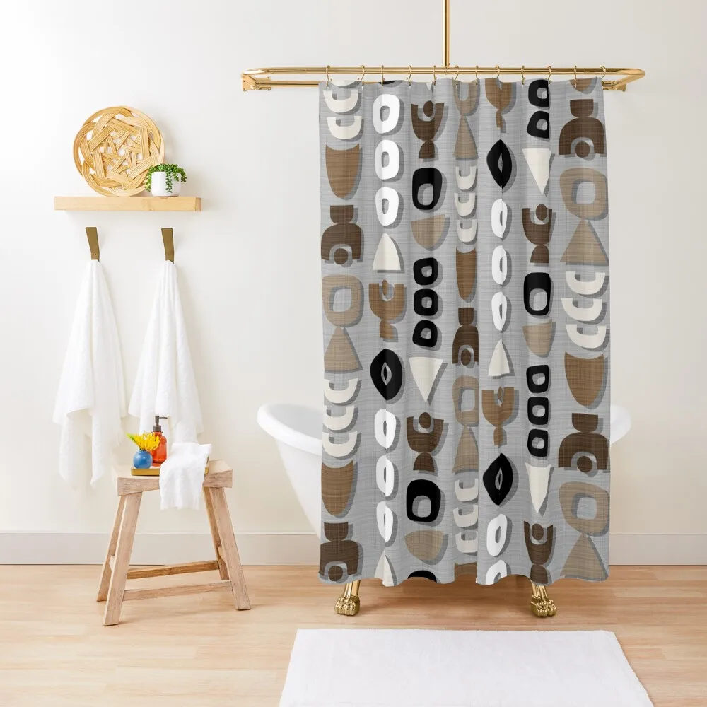 

Mid Century Modern Retro Shapes // Gray, Sand, Khaki, Tan, Brown, Black, White Shower Curtain Cover Curtain