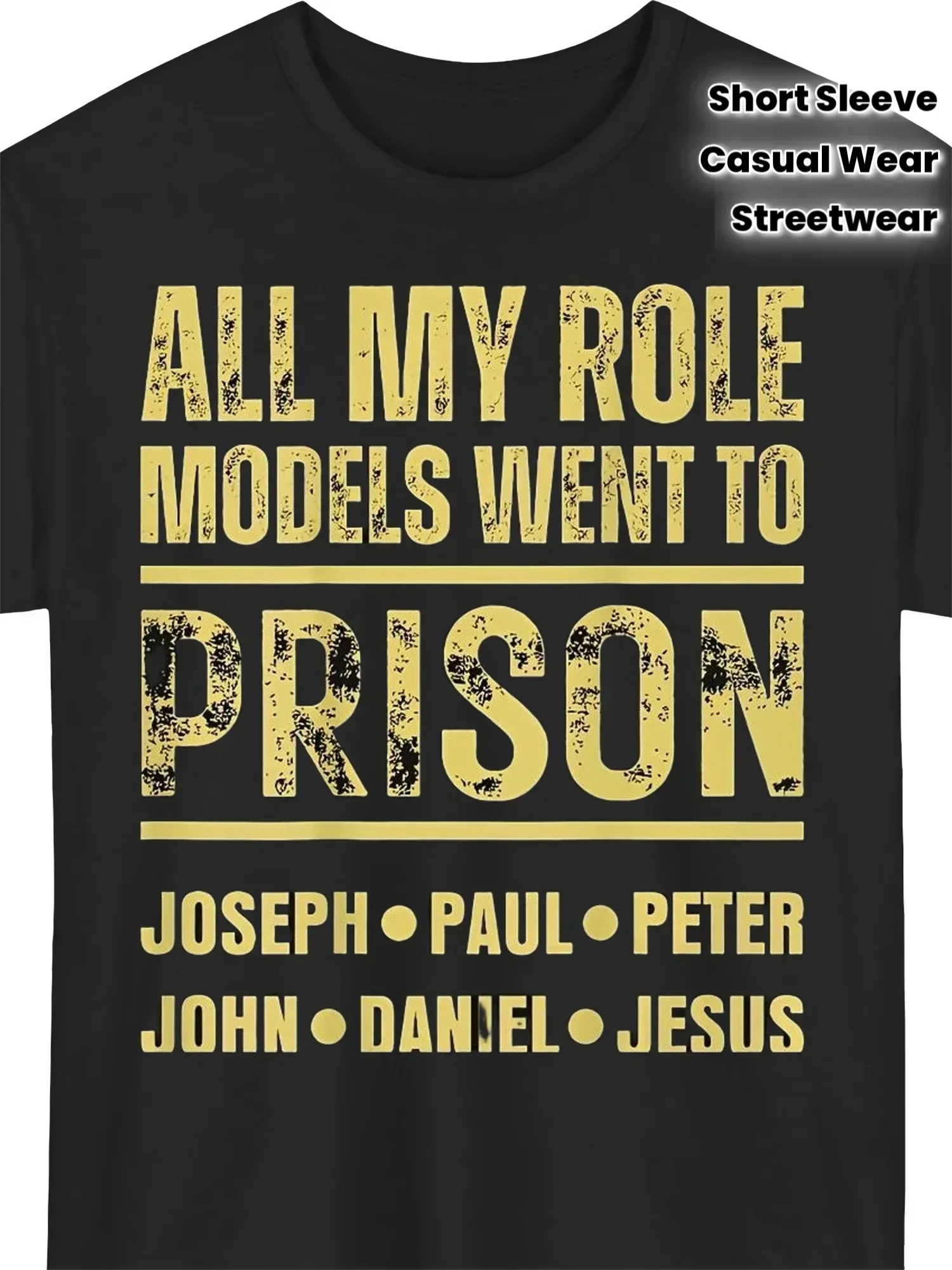 Unisex Black T-shirt| All My Idols Went to Prison Joseph Paul Peter John Daniel Pattern Print Casual Streetwear Top Suitable for Beach and Sports Outdoor Wear All Seasons Casual Wear Round Neck Regular Fit Short Sleeve, PLUS SIZE