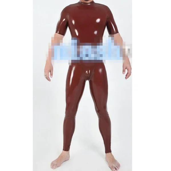 Skin-friendly Latex Men Racing Suit Red Full Cover Tight Catsuit With Black Zipper Size XXS-XXL