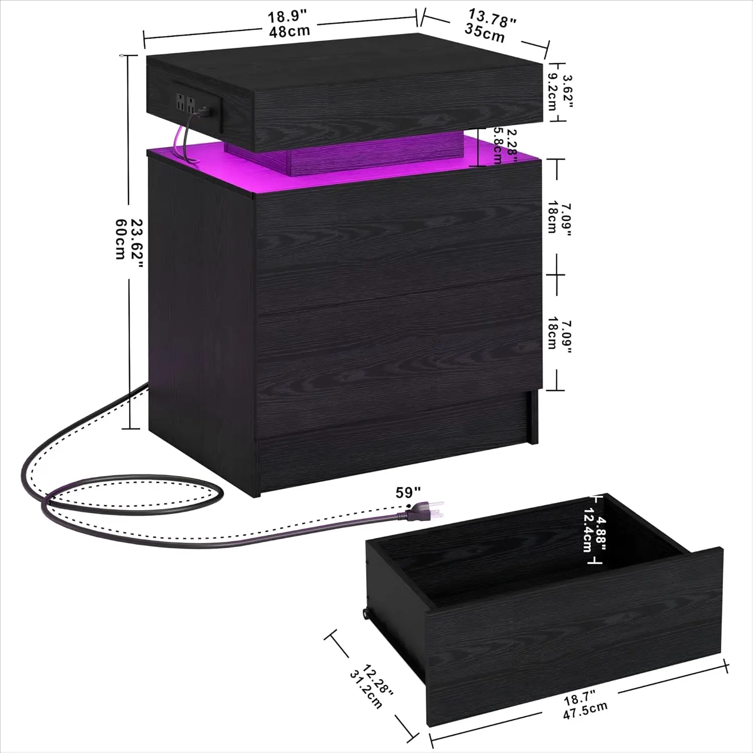 Night Stand with Charging Station, Modern Black Nightstand with LED Light and Drawers, Bedside Tables/End Table for Bedroom